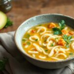 Receta vegana de sopa de cebolla, champiñones y fideos de arroz