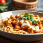Receta vegana de tempeh marinado con crema de cacahuete salsa satay