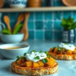 Receta vegana de tostadas vegetales con calabaza y salsa de yogur