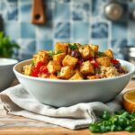 Receta vegana de verduras y tofu al horno con quinoa